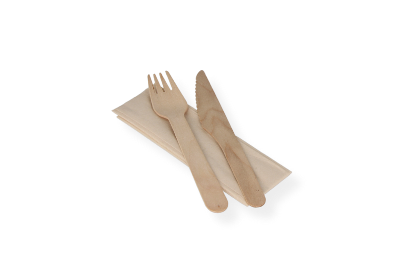 Wooden cutlery set 3/1 knife + fork + napkin 165 mm coated