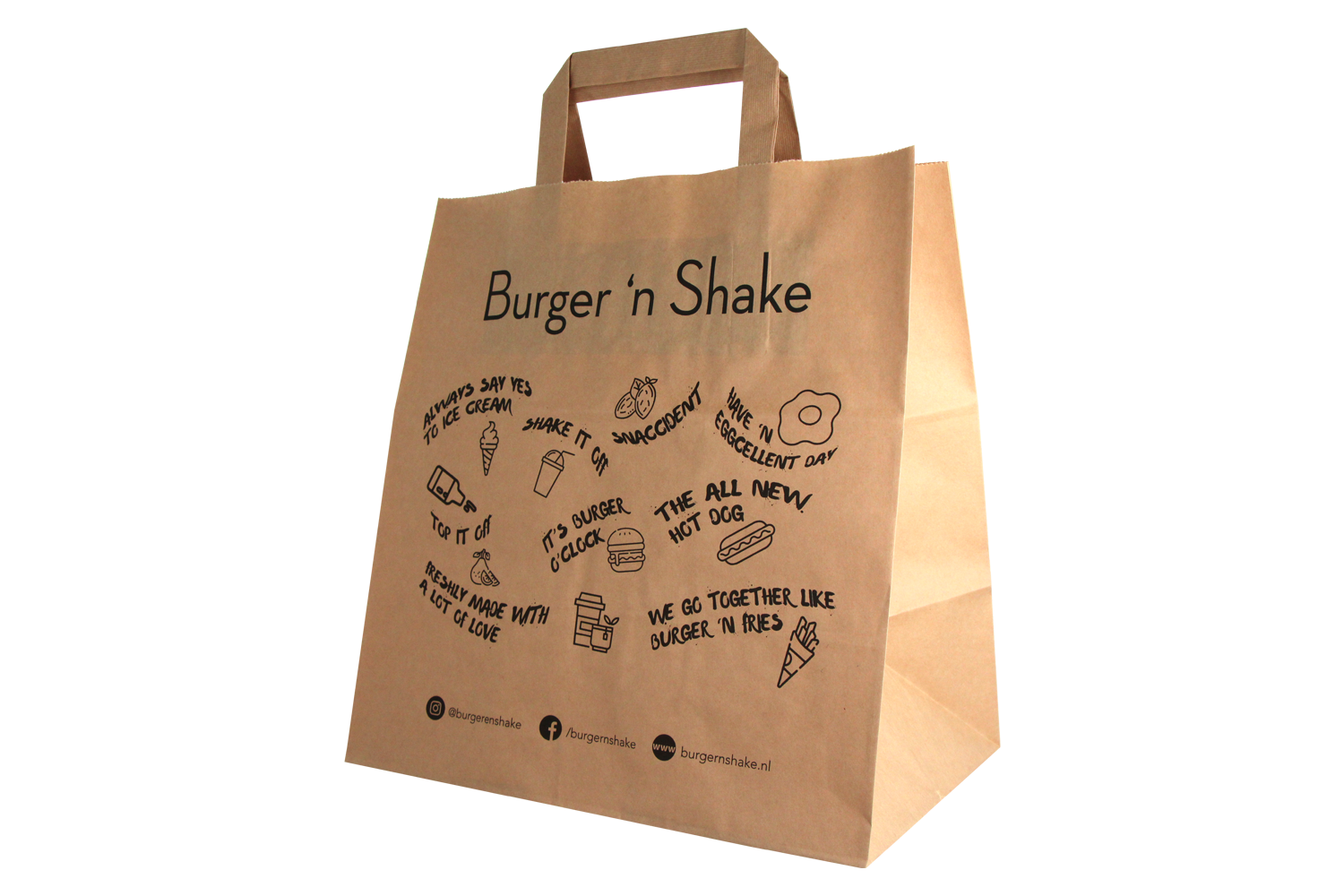 takeaware.nl Papieren tassen Papieren draagtassen Middel Bruin 26+17x27cm - BurgerNShake custom