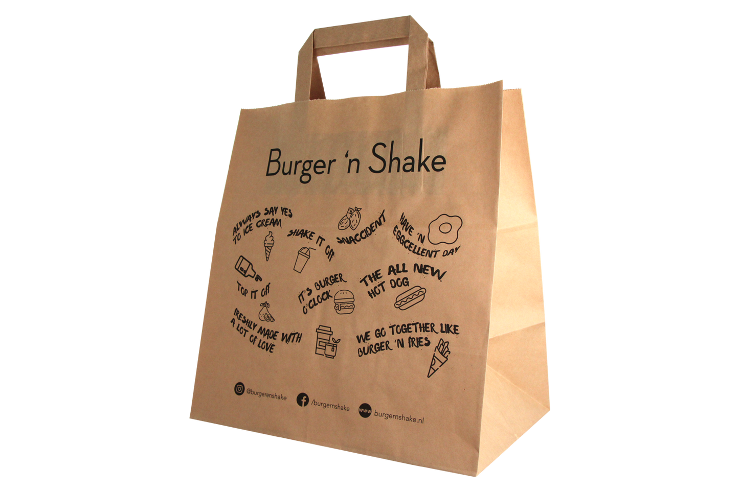 takeaware.nl Papieren tassen Papieren draagtassen Middel Bruin 26+17x27cm - BurgerNShake custom