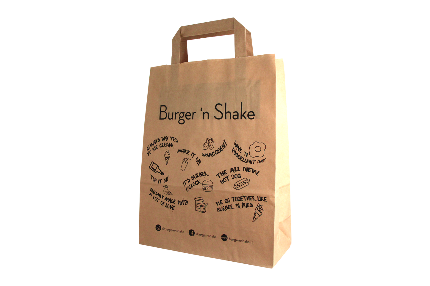 takeaware.nl Papieren tasjes Klein Bruin 22/10x28cm - BurgerNShake custom