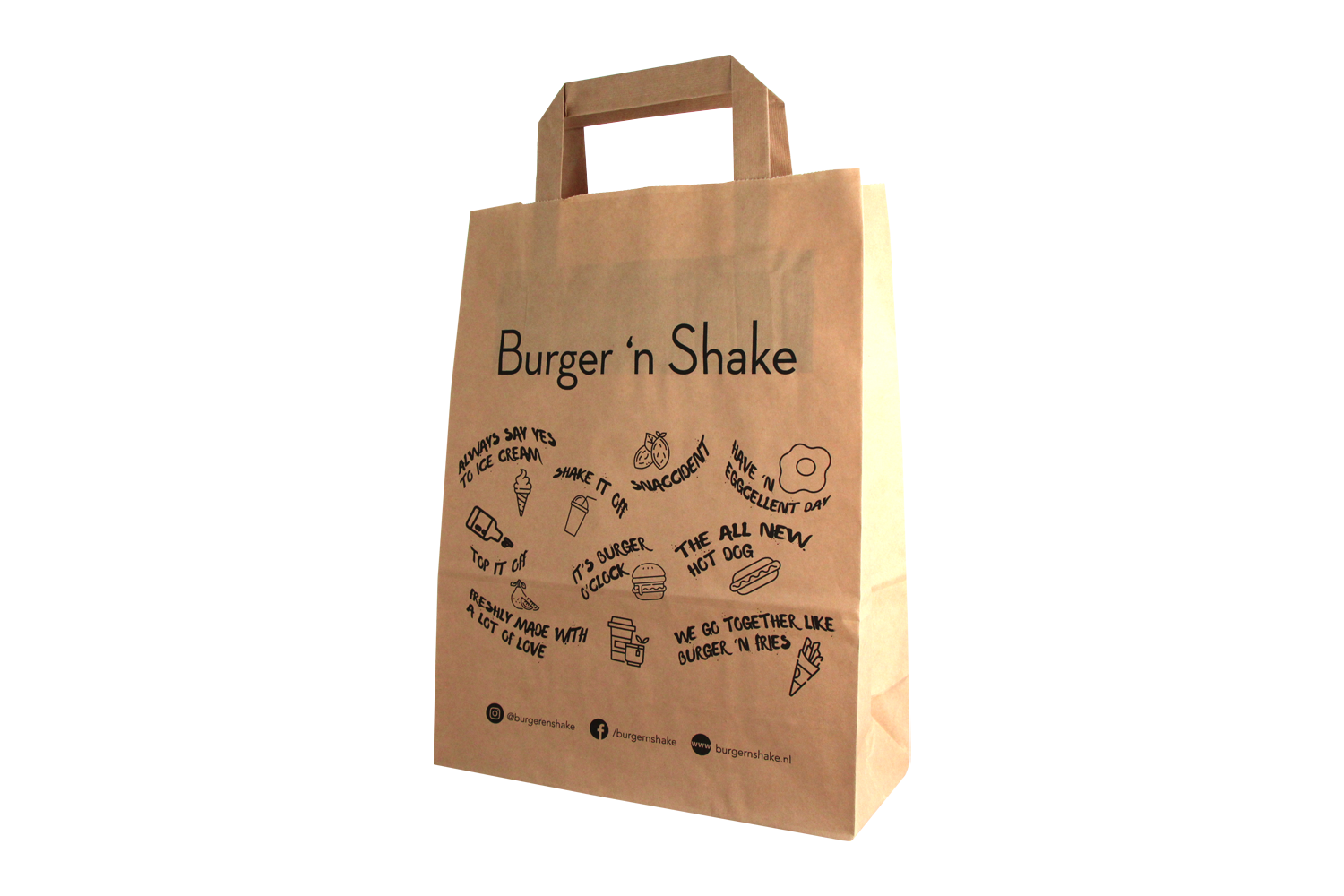 takeaware.nl Papieren tasjes Klein Bruin 22/10x28cm - BurgerNShake custom